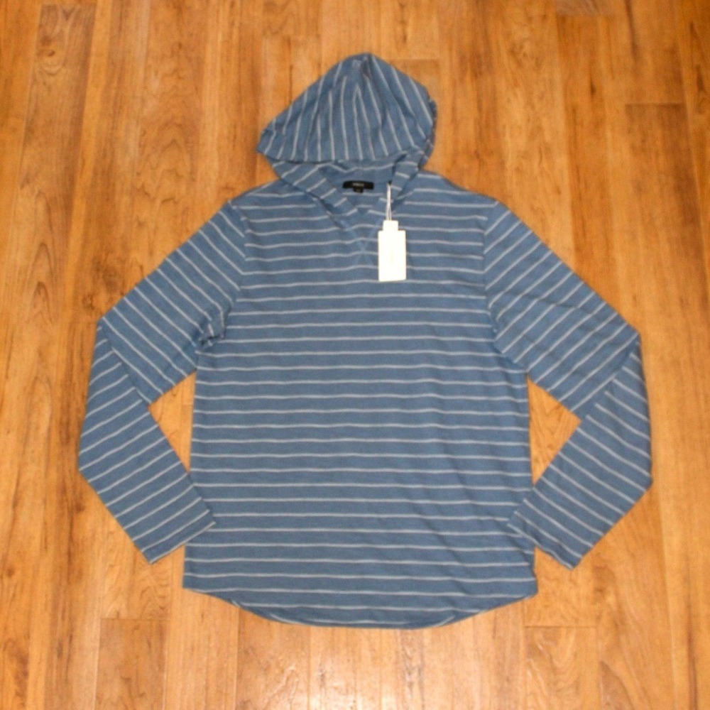 Vince Fine Stripe Slub Cotton Hoodie Men's M NWT Lightweight Blue Classic